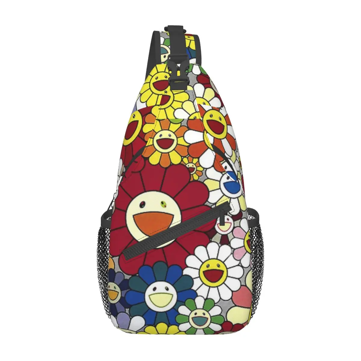 Happy Flowers Crossbody Sling Bags Padrão Peito Bag Girassol arte Ombro Mochila Mochila para Viagem Caminhadas Camping Satchel