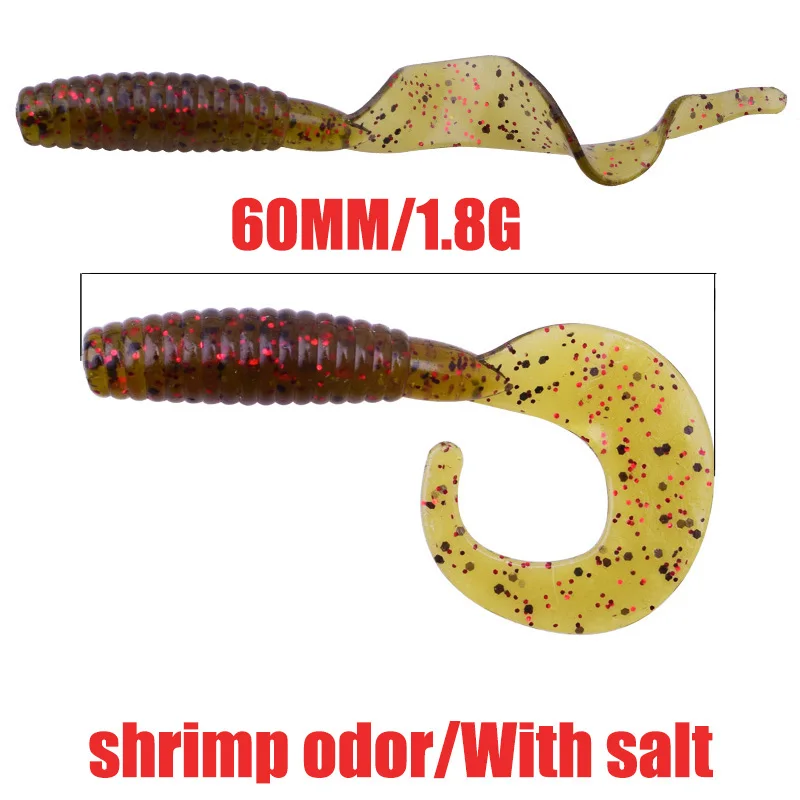 Cebo suave de gusano, señuelo de pesca de cola Wobbler de 6cm y 1,8g, aditivo de sabor a Camarón, cebos artificiales de silicona, aparejos de