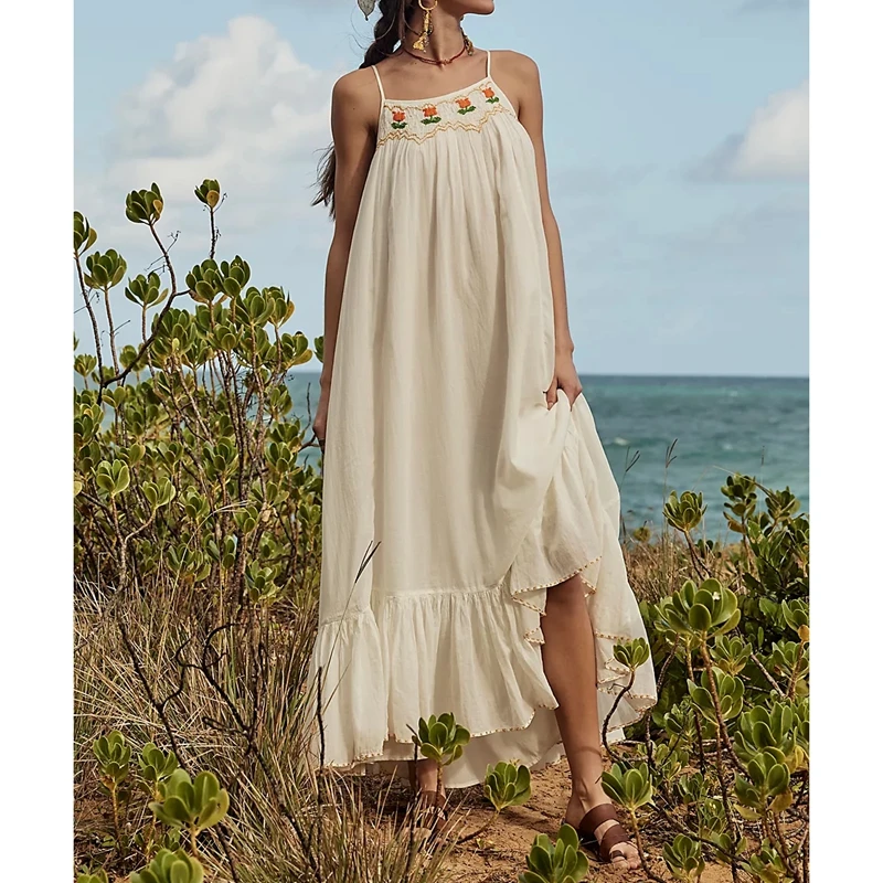 Combhasaki Donna Estate Regolabile Sottile Cinghie di Spaghetti Fiore Ricamo Smocked Ruffle Hem Swing Allentato A-line Abito Lungo Slip