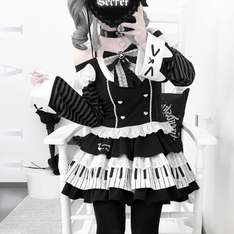 

Юбка Лолиты в японском готическом стиле, женский комплект с милым кружевным бантом, топ со съемными рукавами и рюшами, мини-юбки Y2k, эстетика, тонкий наряд
