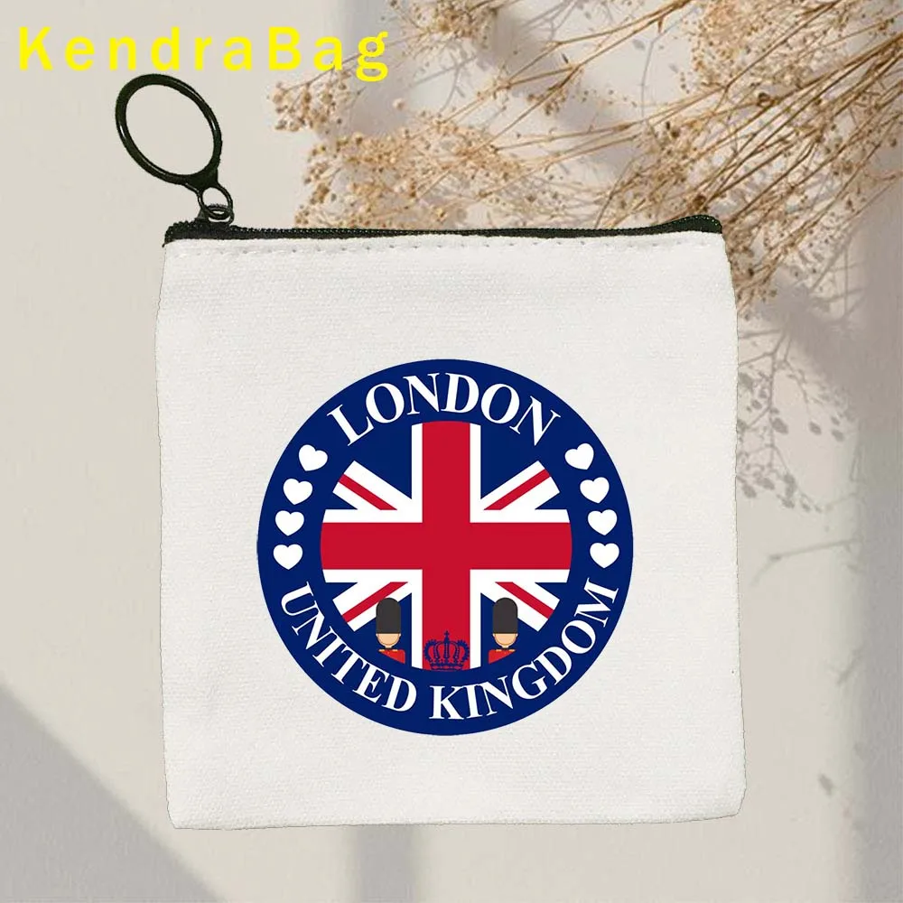 British London Bus Big Ben Bridge England Flag Map Phone Booth Key Case Coin Purse Canvas Bags Pouch Cotton Wallet Zipper Gifts