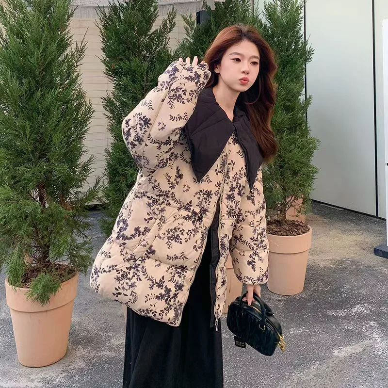 Jaqueta floral com gola Peter Pan para mulheres, novo estilo de inverno, comprimento médio, cintura definida, casaco fino na moda