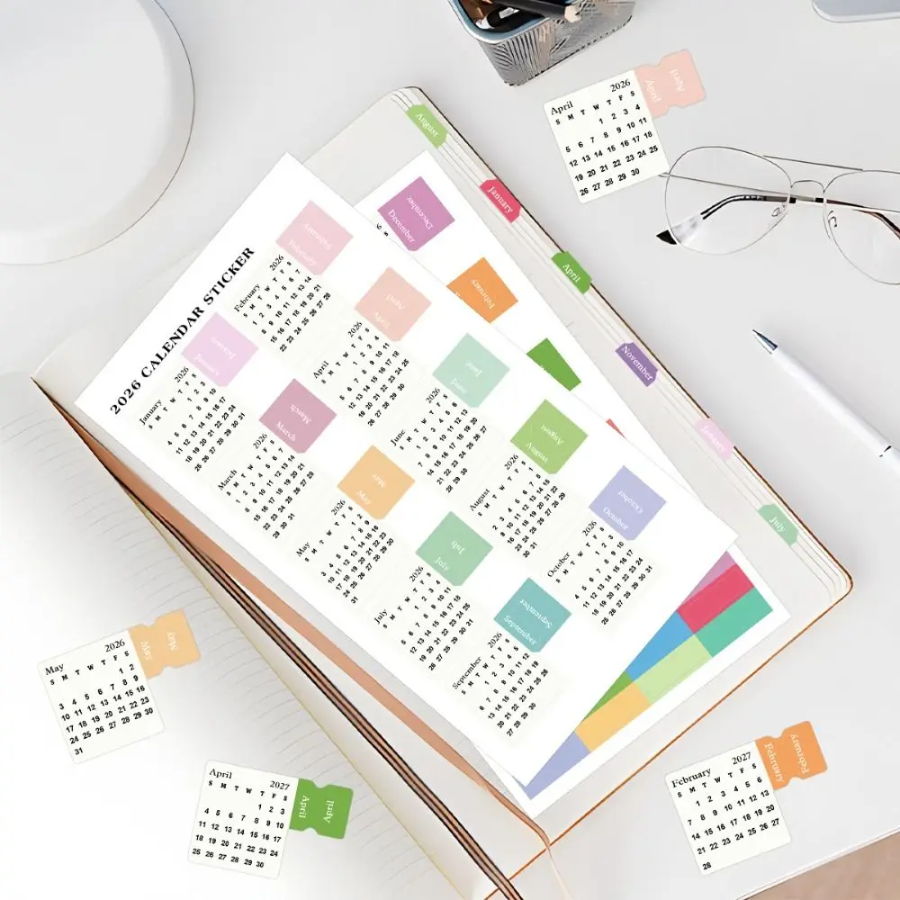Diy Scrapbook 2026 Calendar Stickers Self-adhesive 2 Sheets Monthly Planner Stickers Simple Cartoon Divider Index Tabs