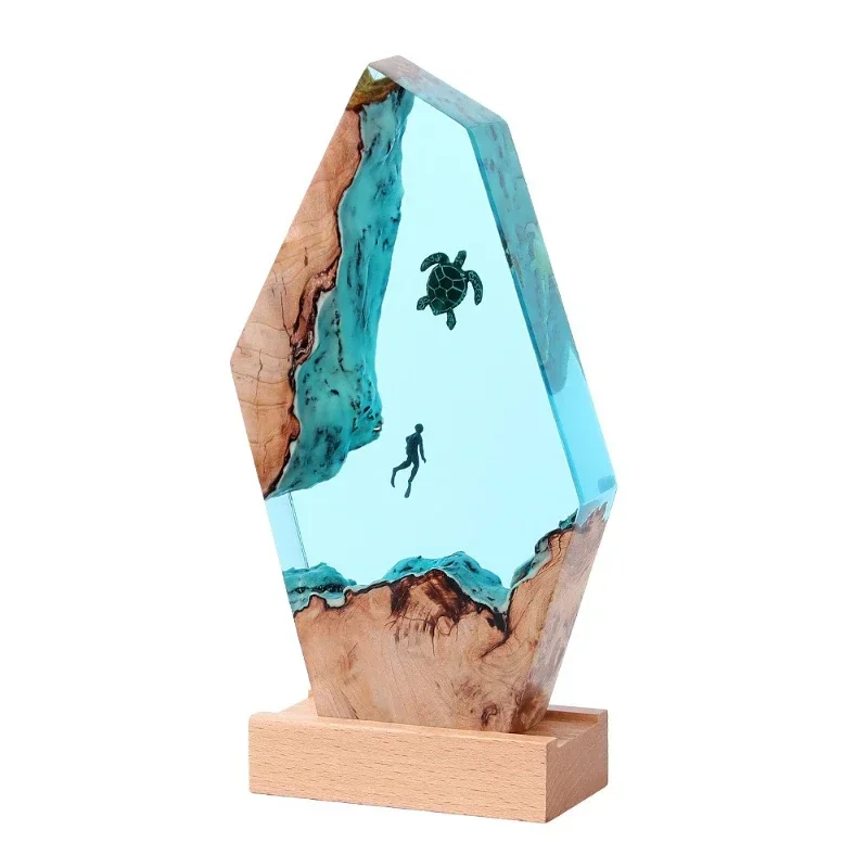 Ocean Turtle Diver Long Karst Cave Home Office Tabletop Ornament Gift Lamp Holder, Solid Wood