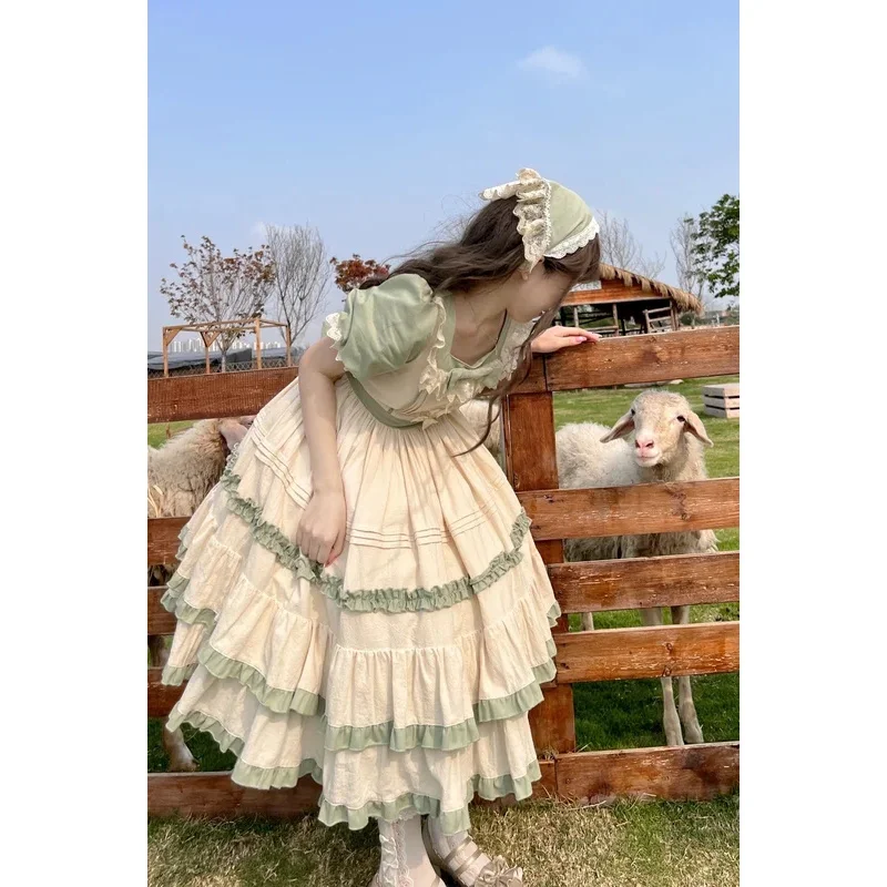 Japanese Gothic Lolita skirt women kawaii bow bear lace green dress long sleeve princess dress Halloween costume gift for girls