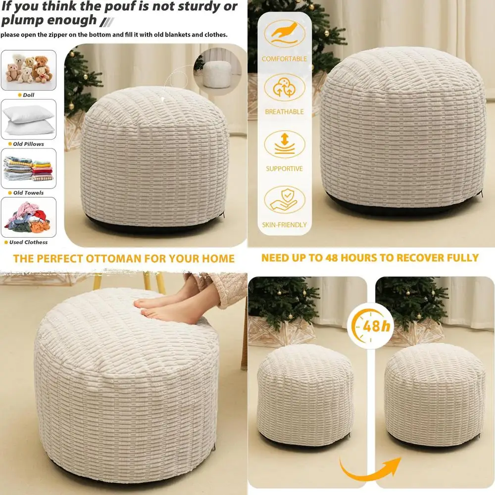 

Faux Fur Storage Ottoman with Foam Filling, 26x18 Inch Foot Rest Pouf, Beige