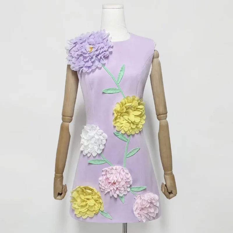 مصمم تنورة قصيرة 2025 صيف جديد وصول 3d Stereoflower جولة الرقبة أكمام عالية الخصر تانك حزب حفلة موسيقية اللباس