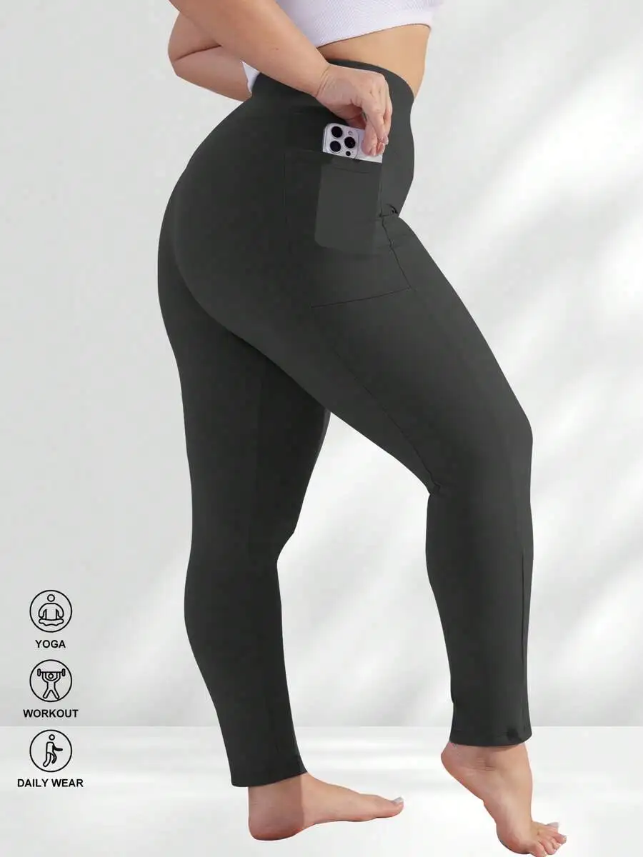 3PC Plus-Size Solid Color Yoga Pants, With Pockets, Comfortable And Form-Fitting, Four-Way Stretch, Good Elasticity, Suitable