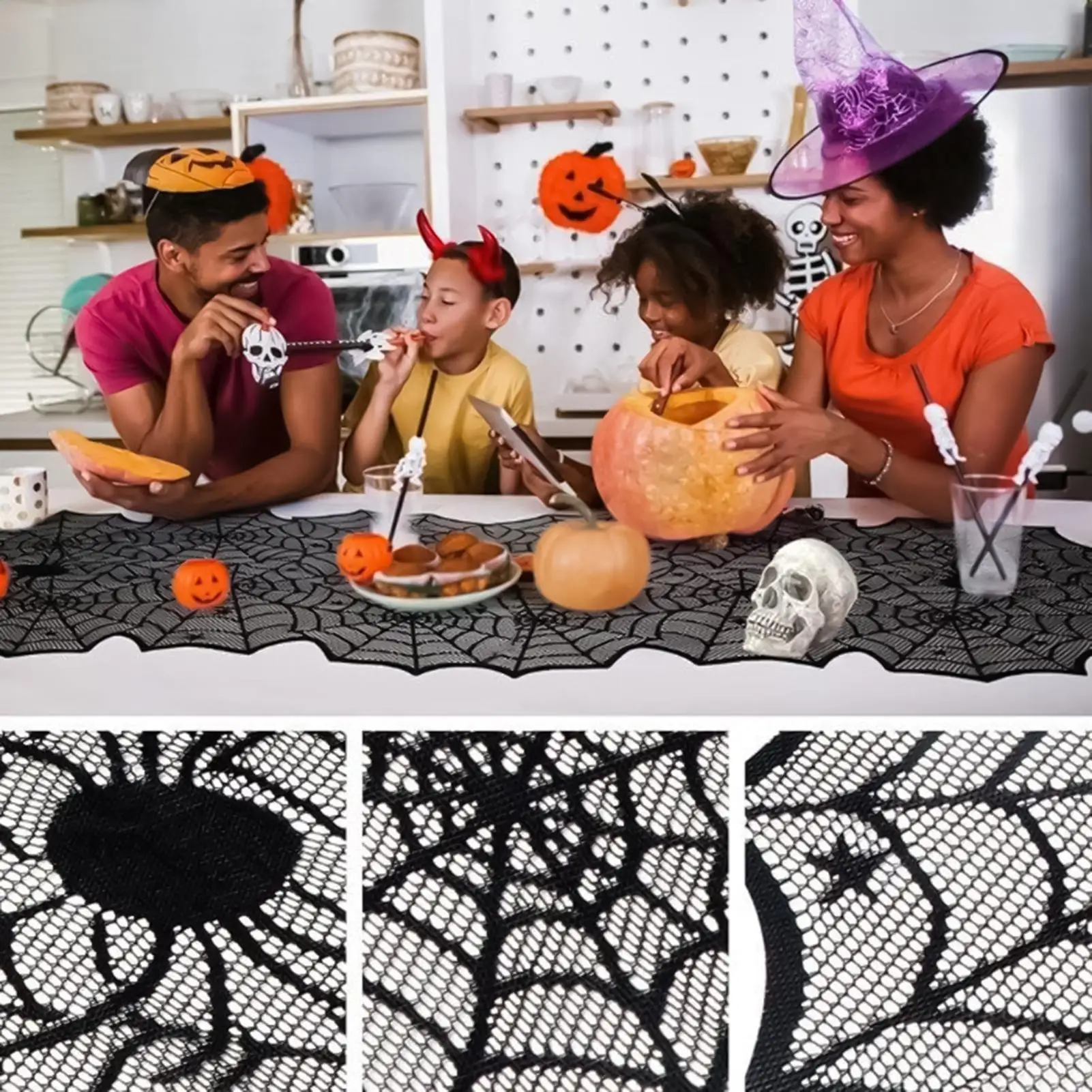 Lace Table Runner Black Spiderweb Halloween Table Decor Fireplace Towel Centerpieces For Restaurant Bar Dinner Parties Festival