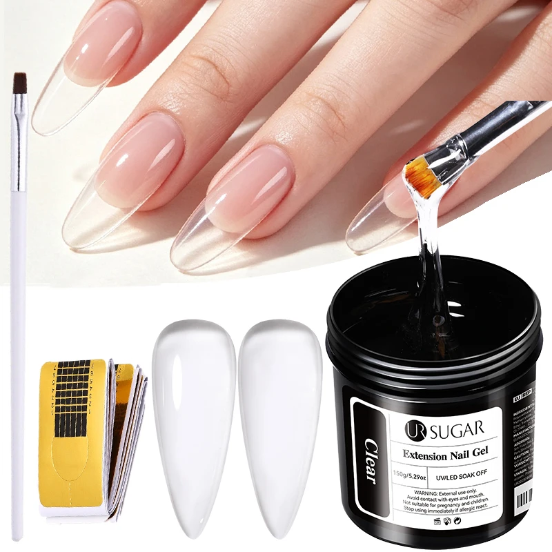UR SUGAR 3PCS 150g Extension Nail Gel Set with Brush Forms Clear Pink Hard Reinforcement Quick Buiding Soak Off Nail Gel Shaping