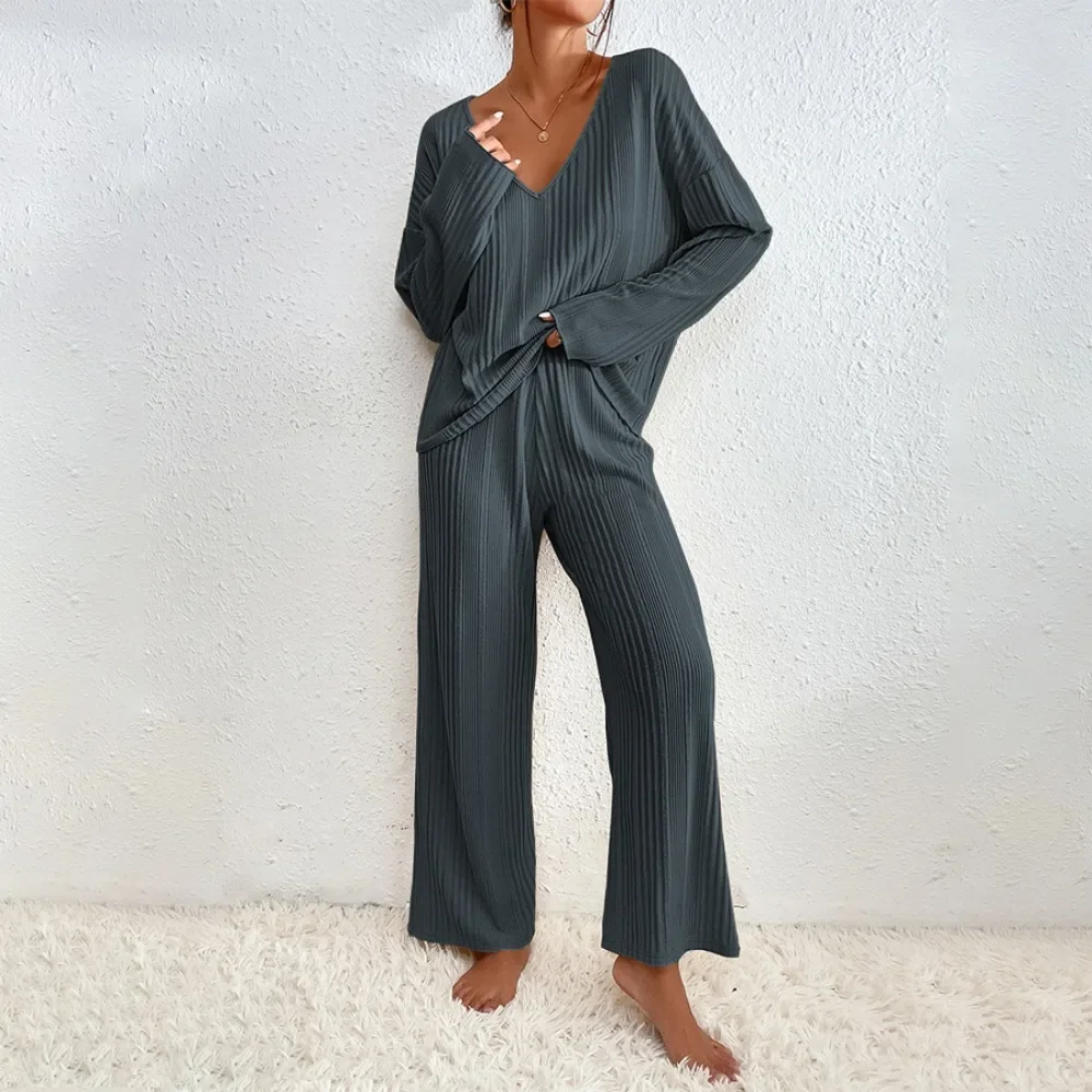 Women\'s Pajamas Suit Autumn and Winter Long Sleeved Pajamas Pants 2 Piece Set Sexy V Neck Knit Warm Soft Pyjamas Homewear Femme