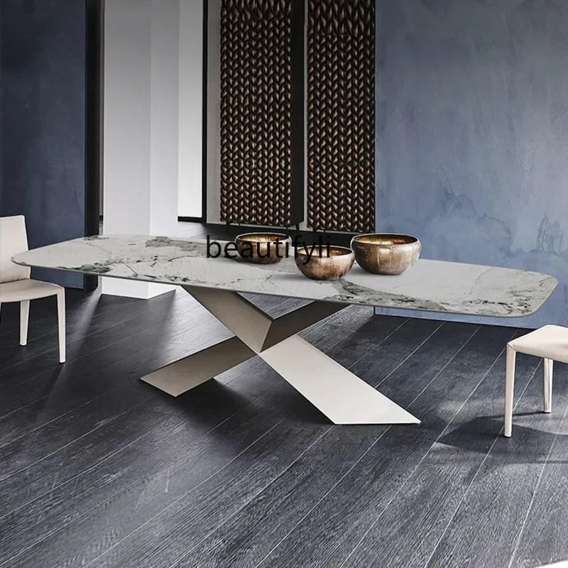 LXBright rock slab dining table, modern simple light luxury rectangular household small apartment creative marble dining tableSS