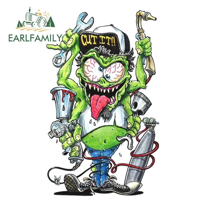 EARLFAMILY 13cm x 7.9cm Mechanic Kustom Kulture Monster Car Sticker Piston Repairman Decal CUT IT Window Laptop Toolbox Stickers