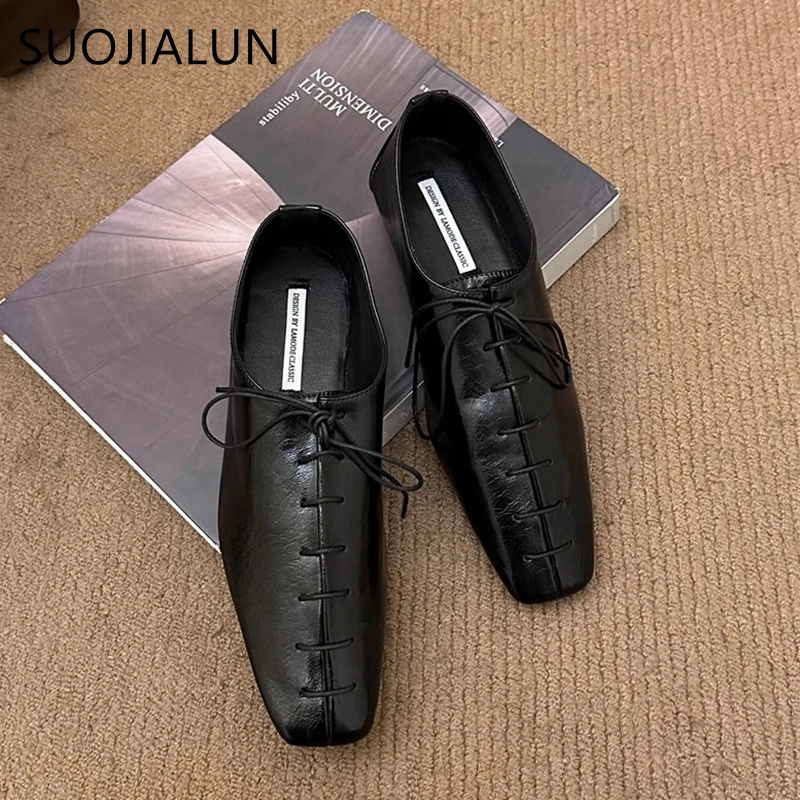 SUOJIALUN 2024 Spring New Women Flat Shoes Fashion Square Toe Lace Up Ladies Casual Laofer Shoes Soft Flat Heel Dress Single Sho