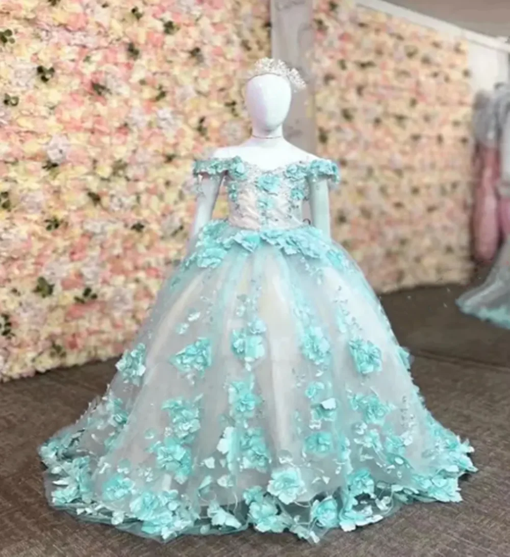 

Customized Luxury Flower Girl Dresses For Wedding 3D Floral Appliques Elegant Princess Birthday Party First Communion Ball Gown