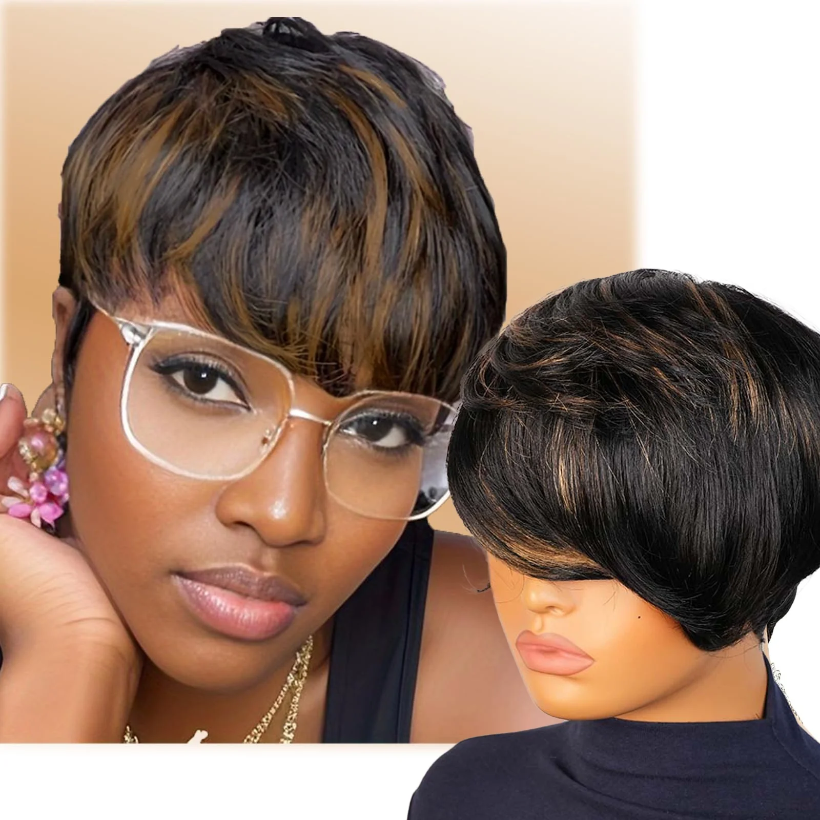 Блондинка с бликами, многослойный короткий парик пикси для чернокожих женщин, прямые человеческие волосы, полностью машинное производство, парик Боб с челкой