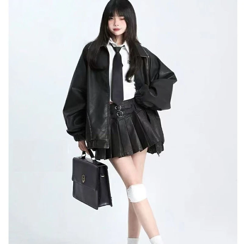 ديبتاون خمر تنورة جلدية بنية المرأة Y2k مثير القوطية مطوي تنورة صغيرة سوداء الشرير الجرونج الرجعية التنانير القصيرة الشارع الشهير