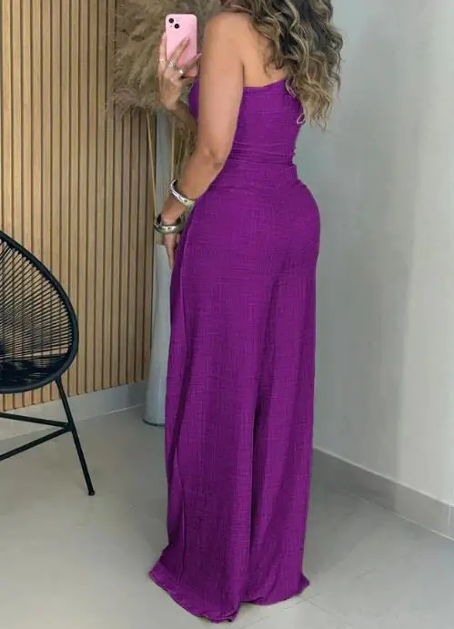 بذلة نسائية صيفية عصرية مع طباعة مموجة وياقة مائلة بلون سادة وخصر عالي وواسعة الساق