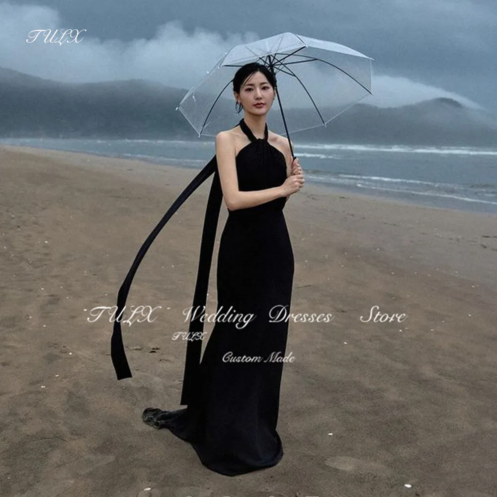 TULX Elegant Halter Black Korea Photo Shoot Wedding Party Dress Mermaid Long Prom Gown Women Sleeveless Bridal Evening Dress