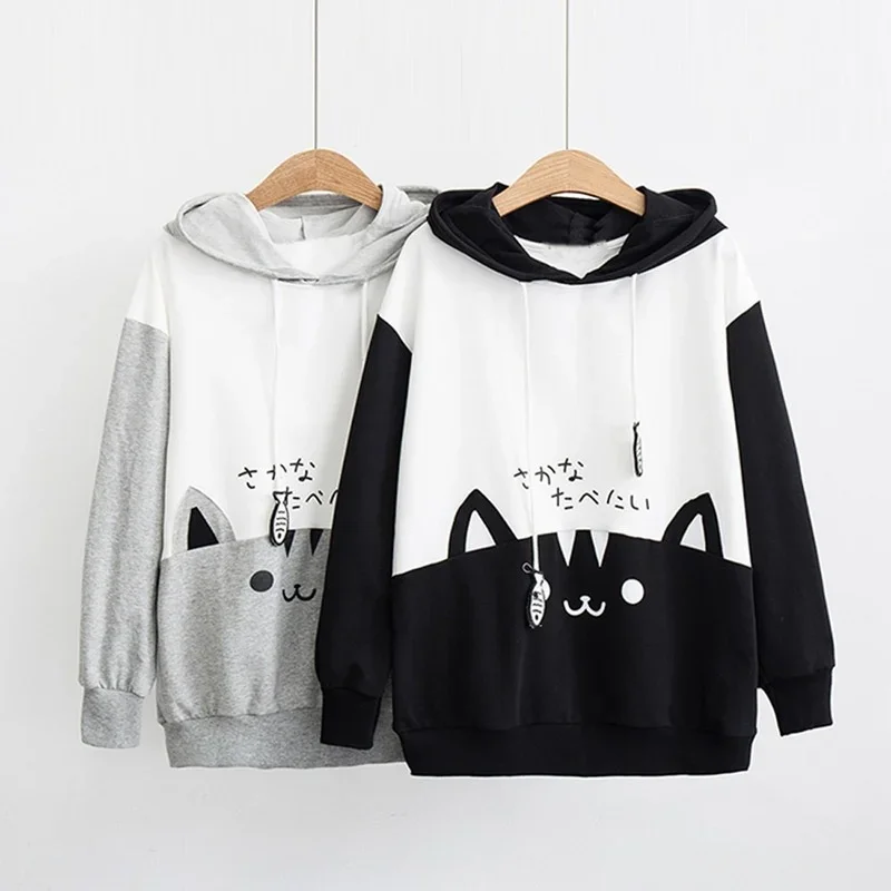 

Women Loose Casual Long Sleeve Pocket Hoodies Tops Sweatshirt Cat and Fish Print Hooded Jumper Female Kawaii Japanese Pullovers