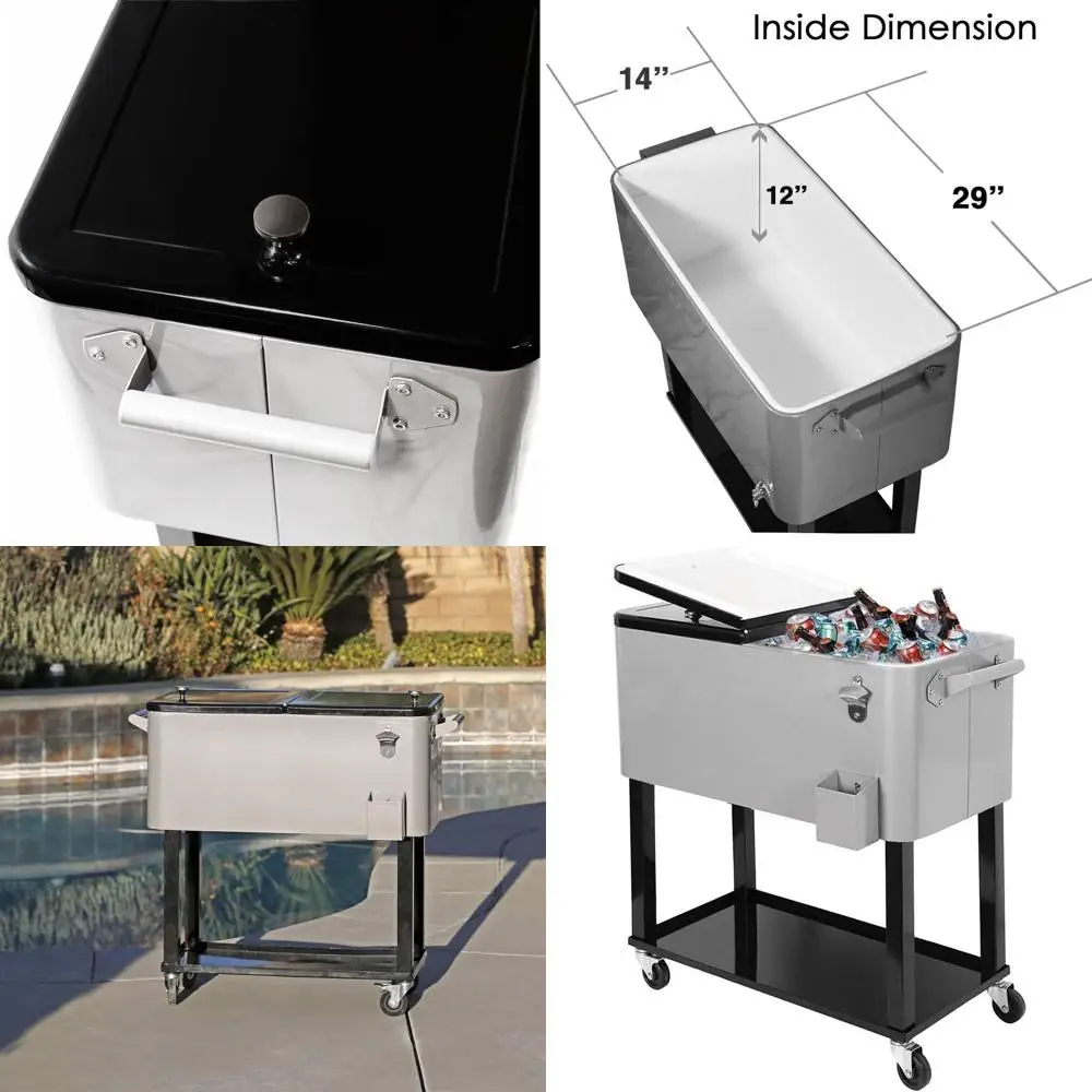 

Серый переносной холодильник на колесах, тележка для напитков для вечеринок на открытом воздухе, портативная емкость для напитков с полкой, подставкой и открывалкой для бутылок