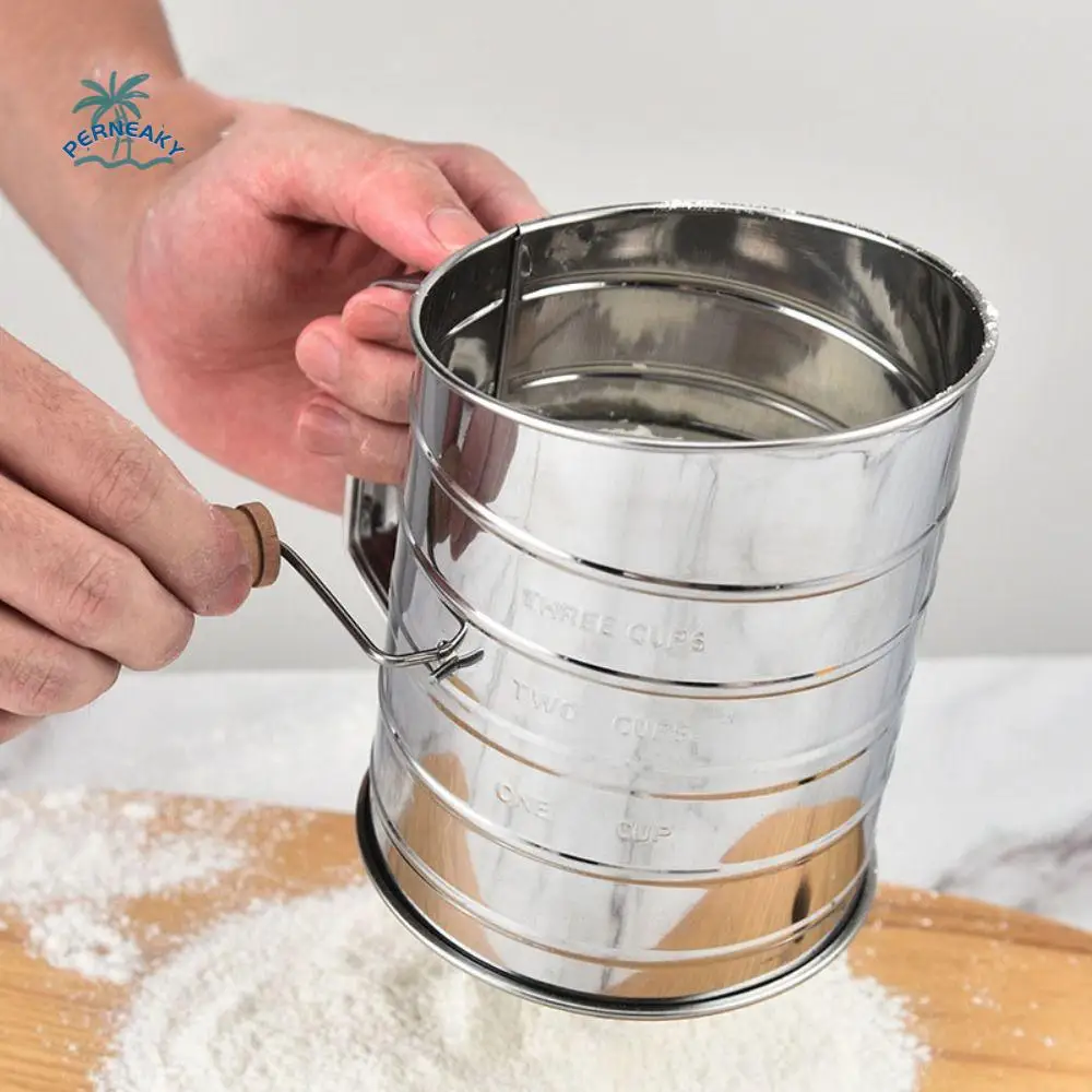 

Fine Mesh 3 Cup Stainless Steel Flour Sifter with Scale Agitator Wire Loop Flour Filter Cup Slanted Opening Rotary Hand Crank