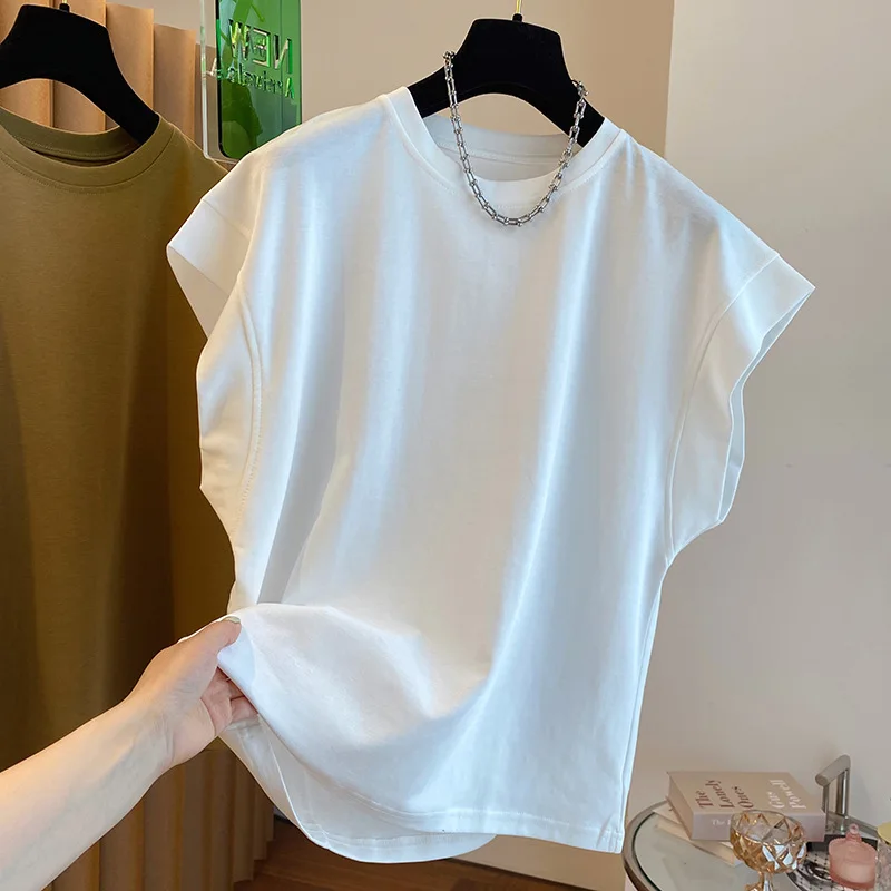 Design sense niche flying sleeve t-shirt for women loose cotton sleeveless top for women oversized t shirt