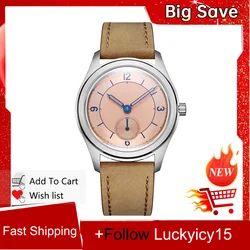 Fashion New 38mm Silver Case Pink Dial Mechanical Automatic Men Wristwatch relogios masculino Leather Strap Glass Back Cover