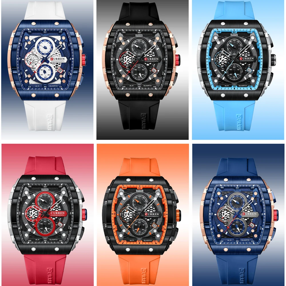 CURREN Fashion Sports Watches with Large Dial Unique RectangularHollow Design Quartz Wristwatches with Chrongraph Auto Date 8442