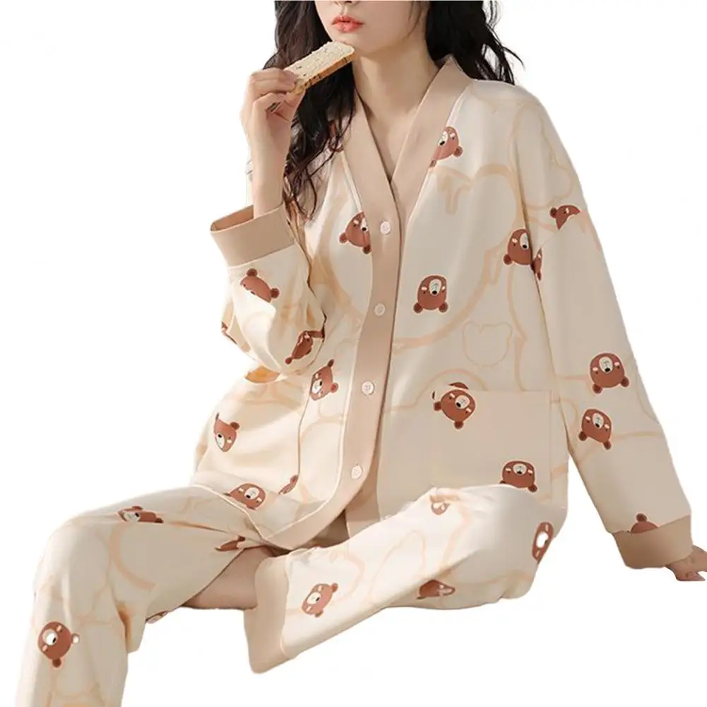 Long-sleeve Home Wear Cozy Cartoon Print Women's Winter Pajama Set with Single-breasted V Neck Elastic Waist Soft for Weather