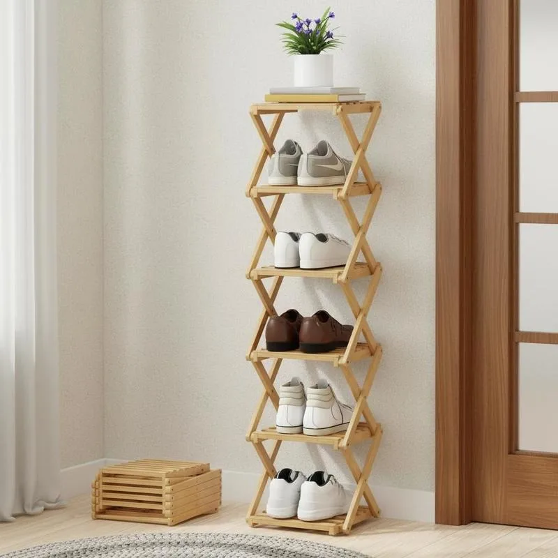 Porte-chaussures pliable en bambou naturel 30x29x108cm, capable de ranger jusqu'à 9 paires de chaussures. Les étagères à chaussures sont utilisées pour les couloirs d'entrée, les armoires, les chambres, les appartements et les dortoirs.