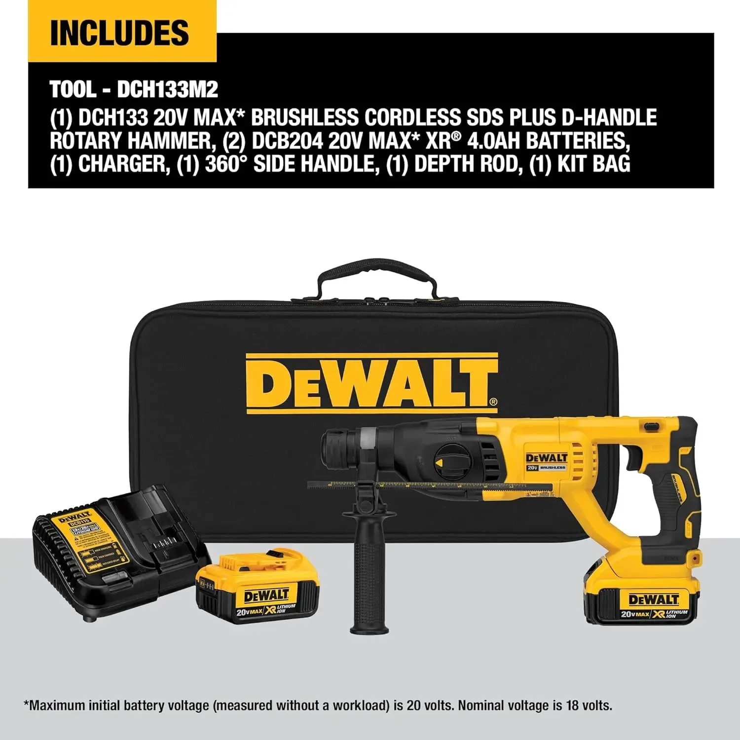 DEWALT DCH133M2 20V Max XR Brushless 1 Kit de martelo rotativo com alça D