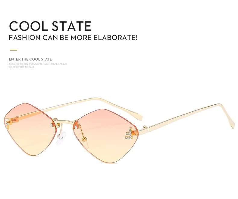Trendige randlose rautenförmige Sonnenbrille F Damen-Sonnenbrille der Luxusmarke Damen klassische elegante Brillenschirme – Detail 2