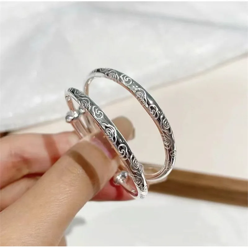 

New Silver Bracelet S999 Solid Cloud Knot Carved Push-Pull