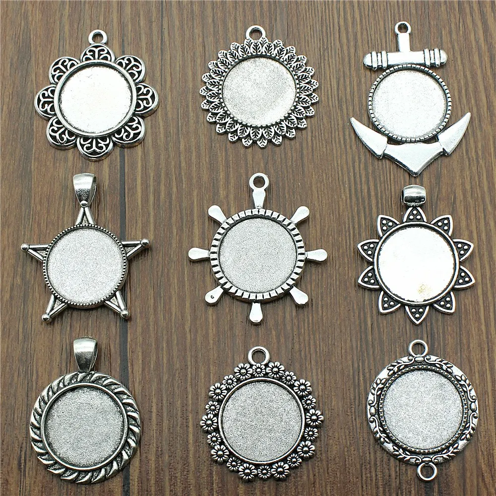 10 sztuk Fit 20mm okrągły szkło Cabochon baza ustawienie wisiorek taca do tworzenia biżuterii DIY antyczne srebro kolor FM4026 — zdjęcie 2