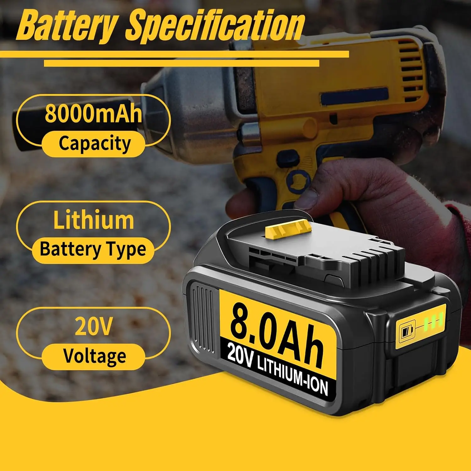 2-Pack 20V 8Ah Batteries Replacement for DeWalt 20V Battery, Compatible with Dewalt Battery 20v DCB200 DCB203 DCB204 DCB210 and