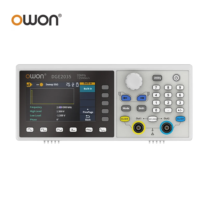 OWON DGE2035 DGE2070 Generator sygnału przebiegów 70MHz 300MS/s 2CH 14bits 8k 3.6inch Wiele funkcji modulacji wyjściowej przebiegów