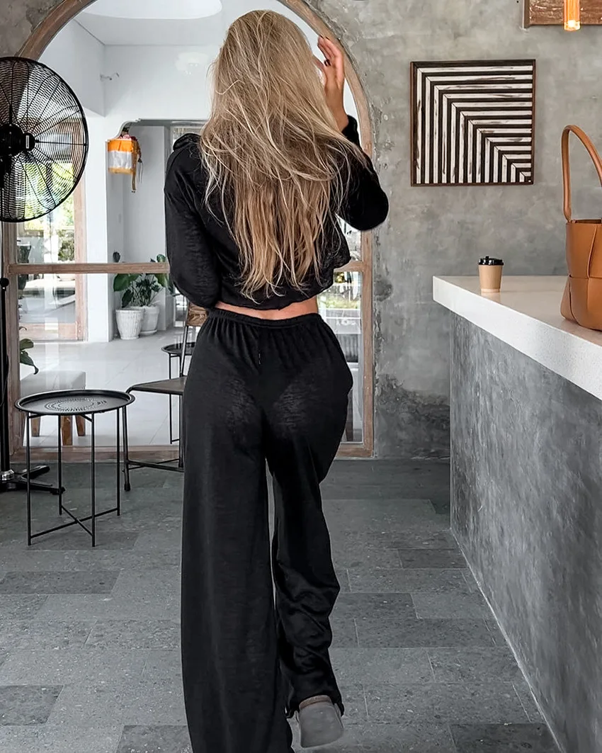 Sexy V-Neck Knitted Thin Trousers Pajamas Women Casual Lace-Up Crop Tops With Loose Long Pants Sleepwears White Suits 2026