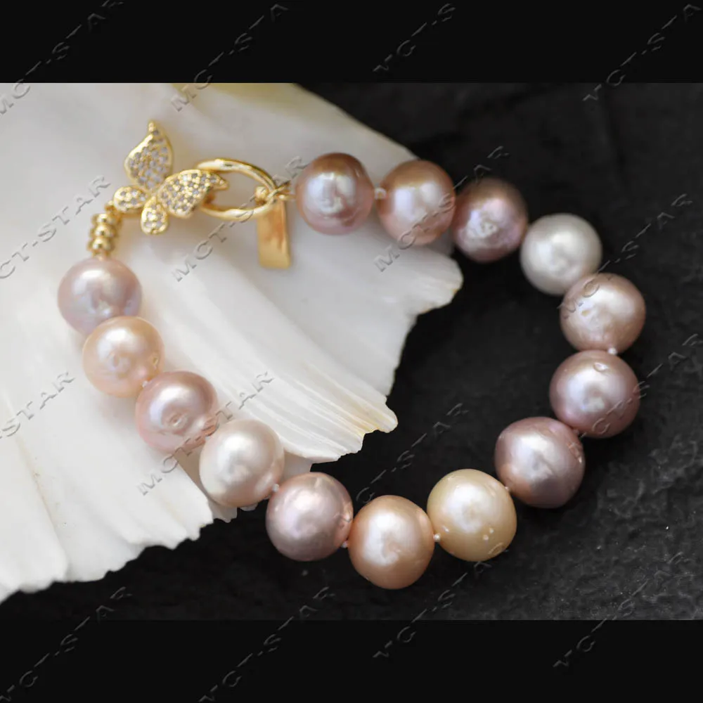 

MCT·STAR 8" 14mm Pink White Lavender Round Edison KESHI Pearl Tower Bracelet Butterfly CZ (Z14332)