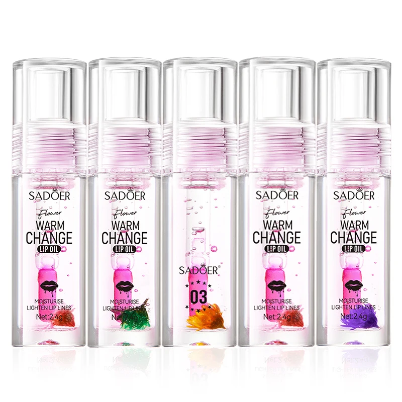 SADOER Fresh Flower Warm Color Changing Lip Oil Moisturizing Lipstick Hydrating Plumping Lip Balm Plumper Skin Care