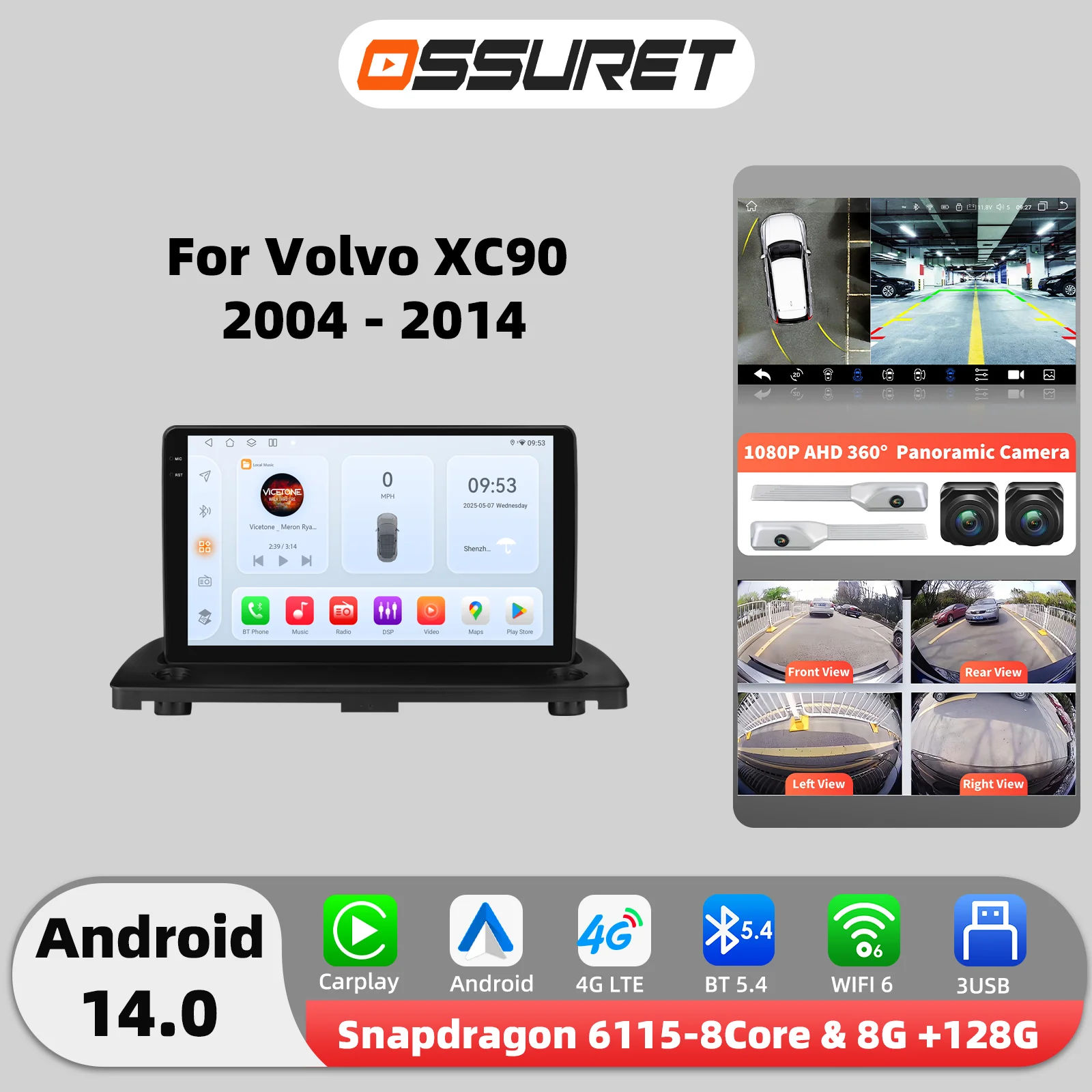 Autoradio Android 14 par Snapdragon 8Core pour Volvo XC90 2004 - 2014, AI Carplay, lecteur multimédia, GPS, caméra 360, écran intelligent