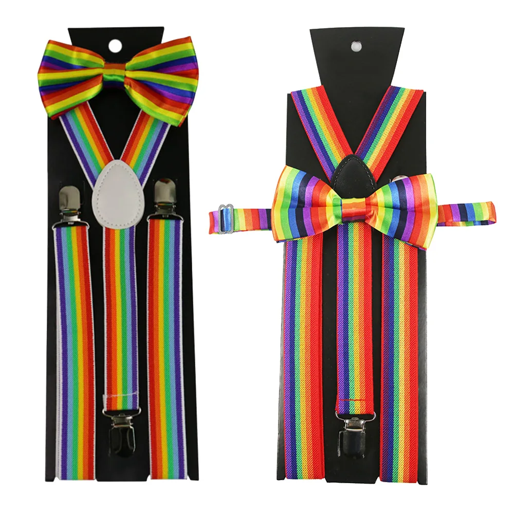 

2Pcs Colorful Rainbow Stripe Suspenders Bow Tie Set Party Accessories for Men Women Bright Decorative Photo Props