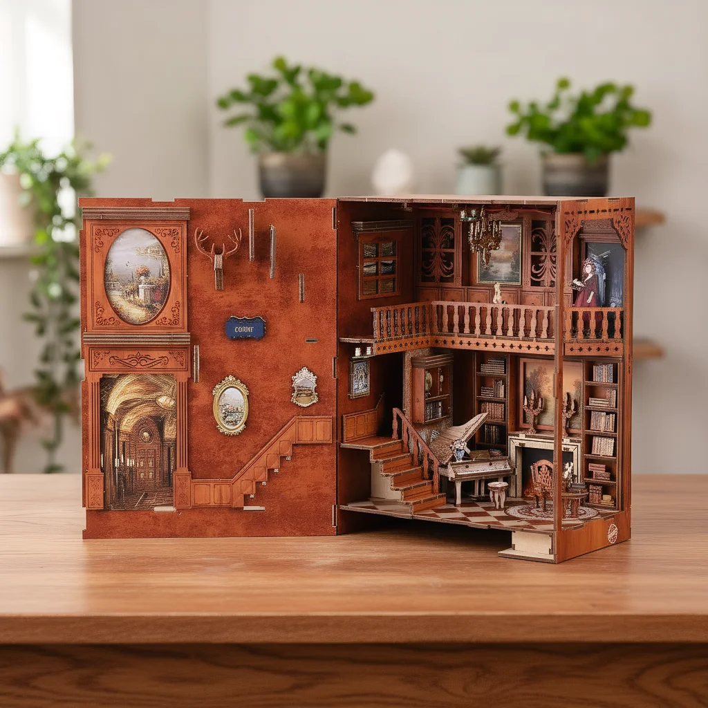 DIY Book Nook Kit Miniatur Puppenhaus Retro Bibliothek Bücherregal Einsatz Holzmodell Lernspielzeug Geschenk für Erwachsene