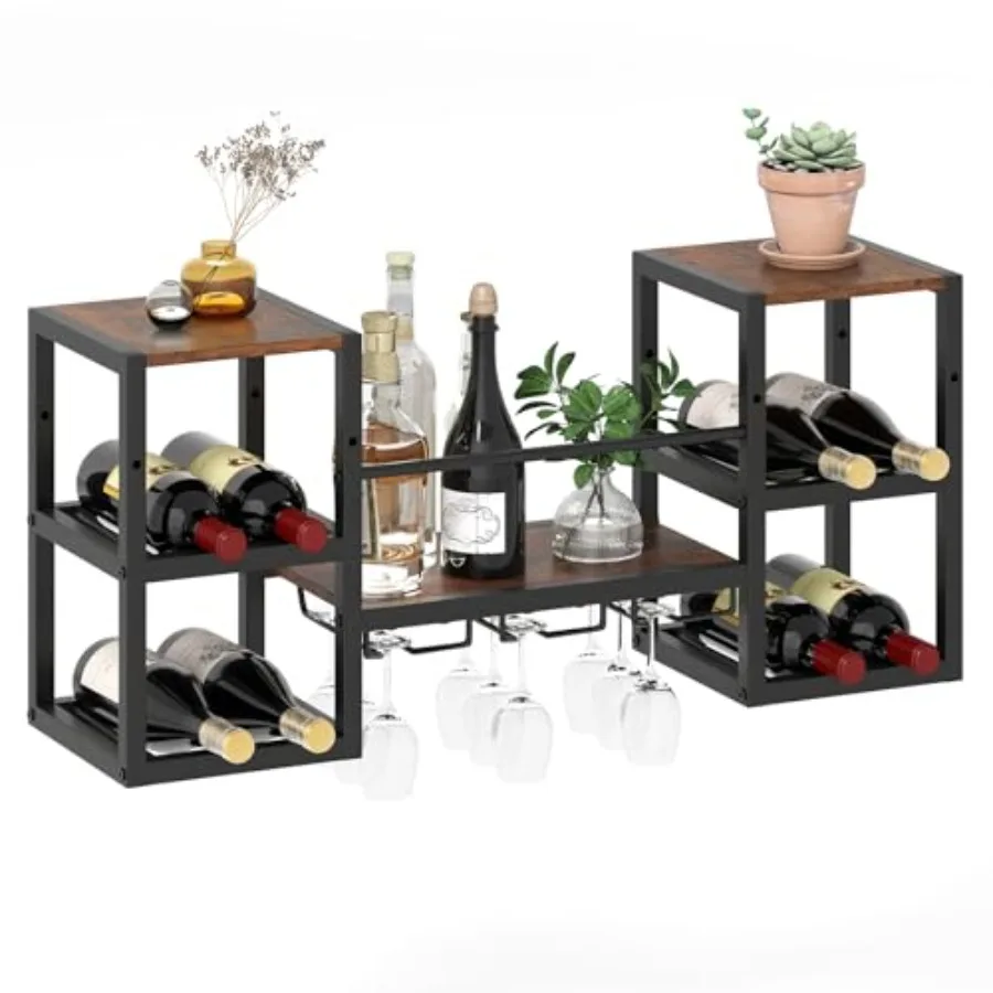 

Wine Rack Wall Mounted, 3-Tier Metal Hanging Wine Rack with 3 Glass Holders, 8-Bottle Wine Display Storage Shelf, Heavy-Duty Wa