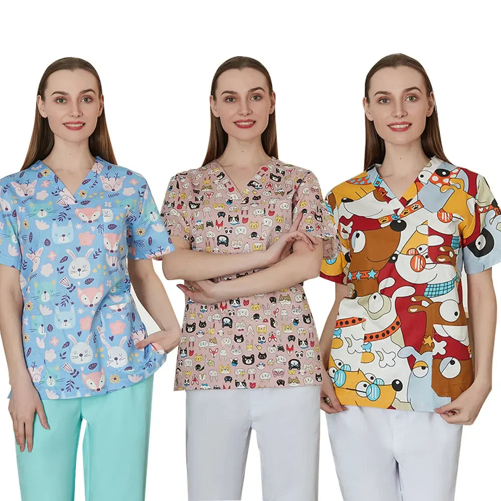 Robe d'infirmière imprimée de dessin animé pour femmes, col en V, t-shirt à manches courtes, haut, salopette irrégulière pour hommes, accessoires d'infirmières pour hôpital