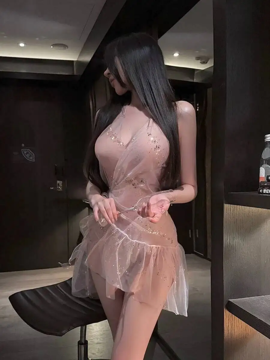 Sexy halternek pure lichtgewicht fee transparante mesh jurk elegante gegolfde kanten pailletten zachte gaas jurk charmante zoete AIG8