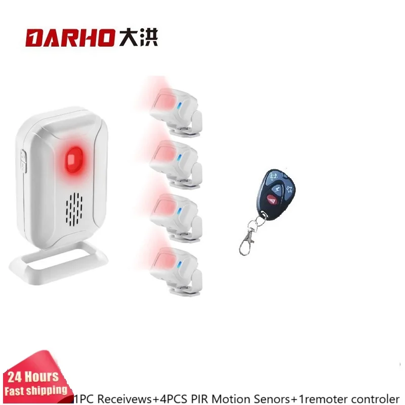 Darho Welcome-Kit de sécurité à domicile sans fil, capteur de mouvement infrarouge + 1 alarme cloche, détecteur d\'entrée de porte, 4 pièces