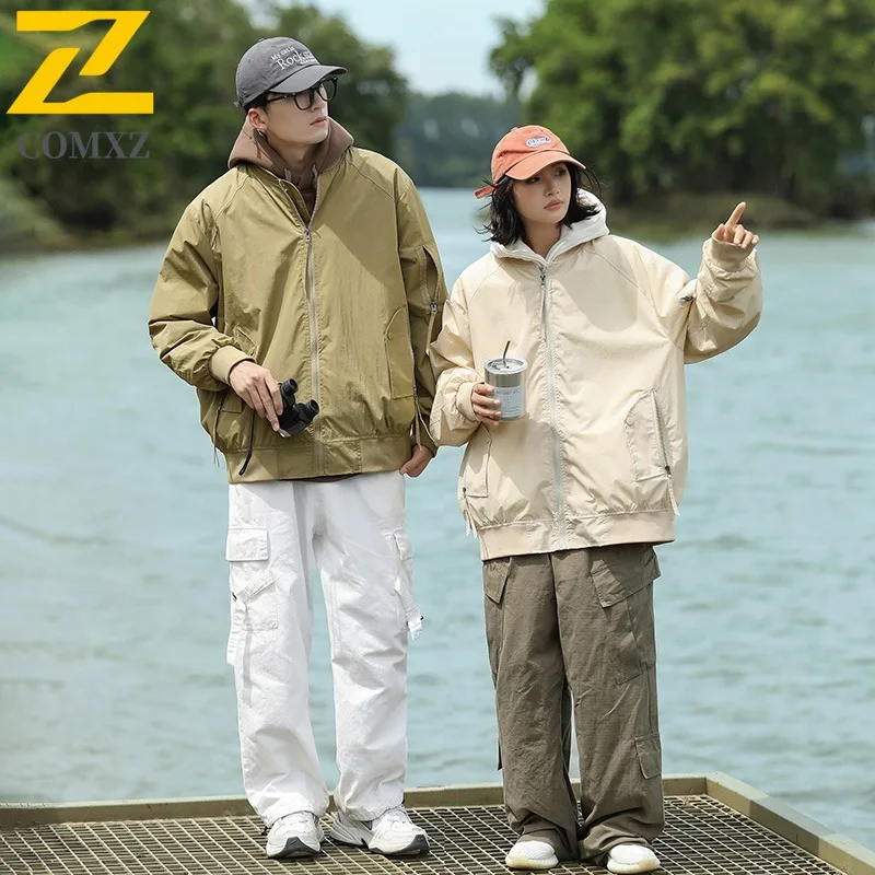 

COMXZ 2025 Unisex Faux Two Piece Jacket Hong Kong Style Casual Plus Size Original Streetwear Hooded Coat Lightweight