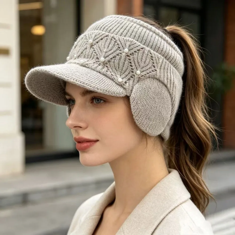 Comfortable Knitted Open-top Baseball Cap Anti-freezing Solid Color Ear Protection Hat Pearl Winter Warm Hat Women Beanie Hat