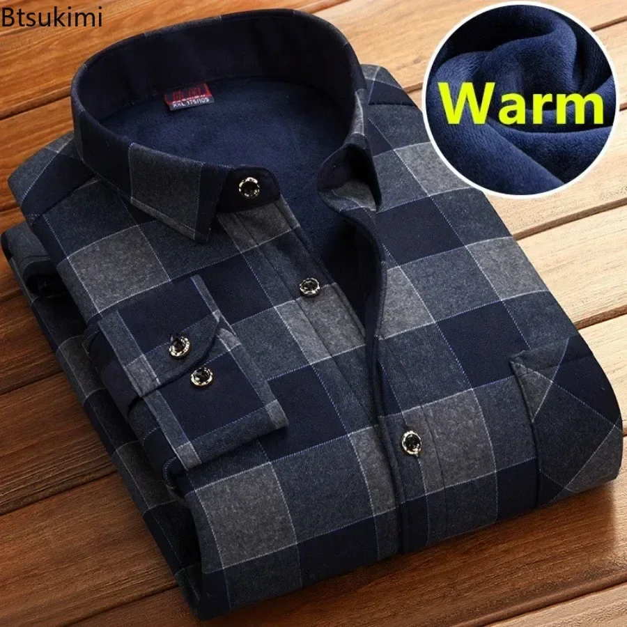 New Men\'s Business Shirts 2024 Autumn Winter Fleece Warm Shirt Man Lapel Single-breasted Long Sleeve Shirts Casual Shirt for Men